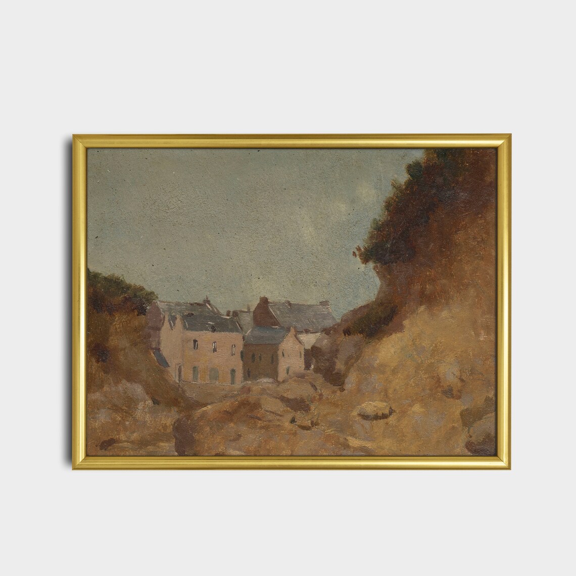 Coastal Cottages Among Cliffs in Warm Ochre Tones Vintage Poster - Image 2