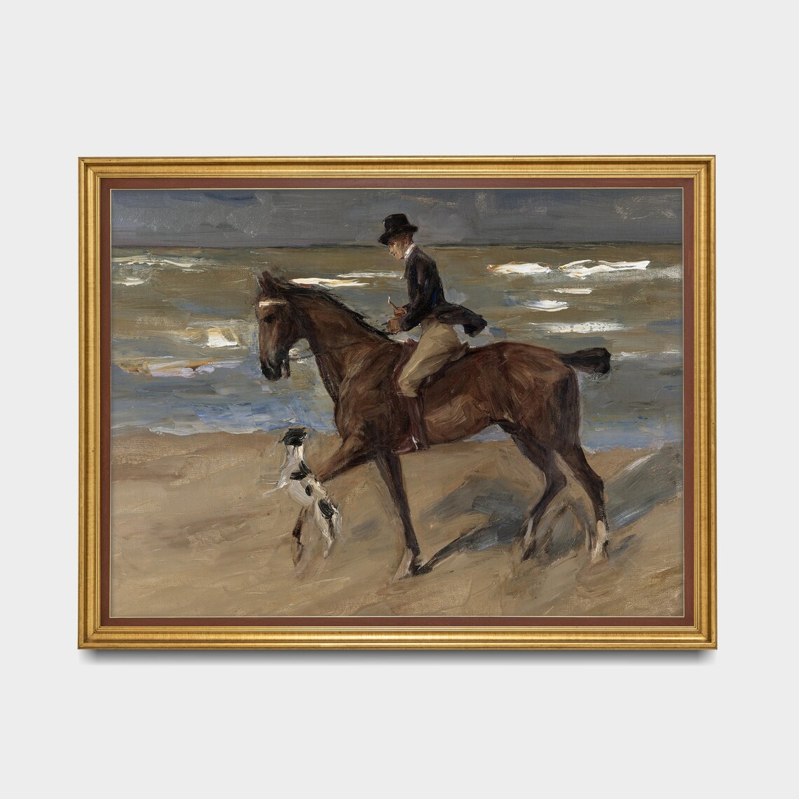 Rider Galloping a Bay Horse Along a Windswept Beach Scene Poster - Image 3