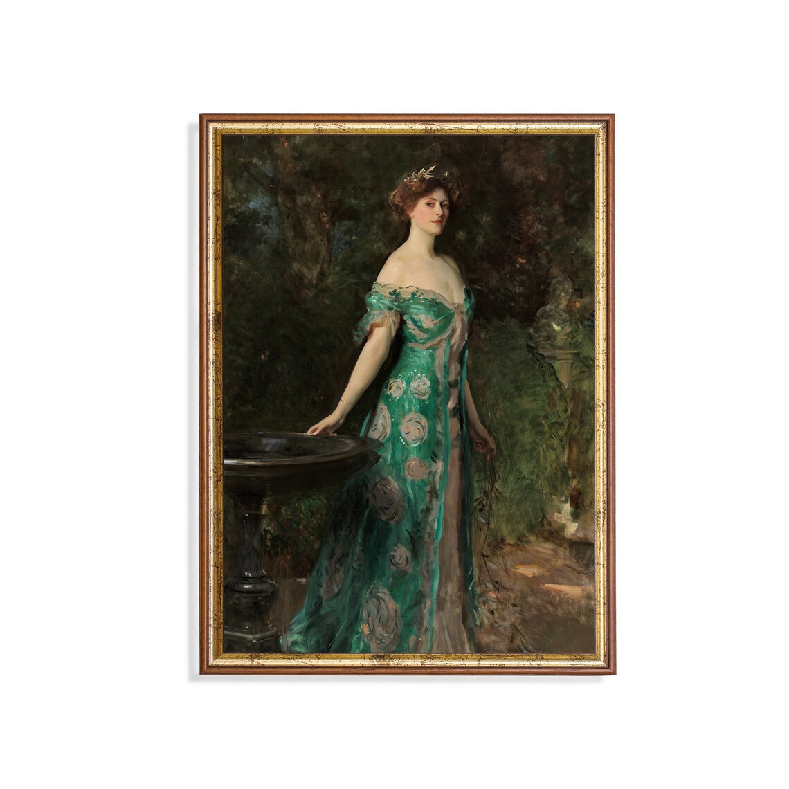 Elegant Lady in Emerald Green Gown by a Garden Fountain Poster