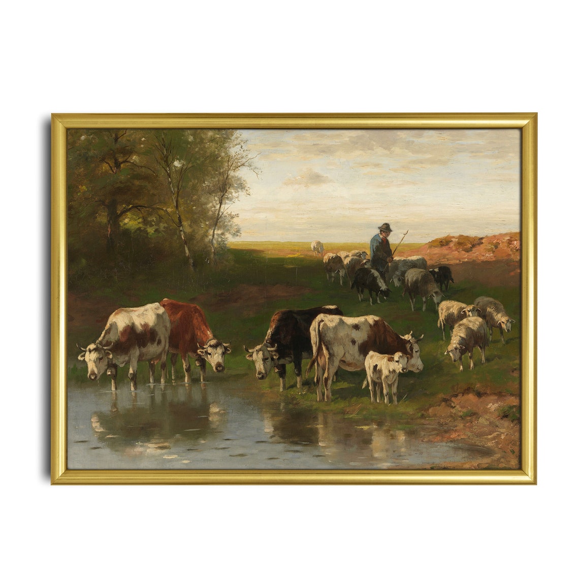 Cows and Sheep Drinking at Pond with Shepherd Pastoral Evening Poster - Image 4
