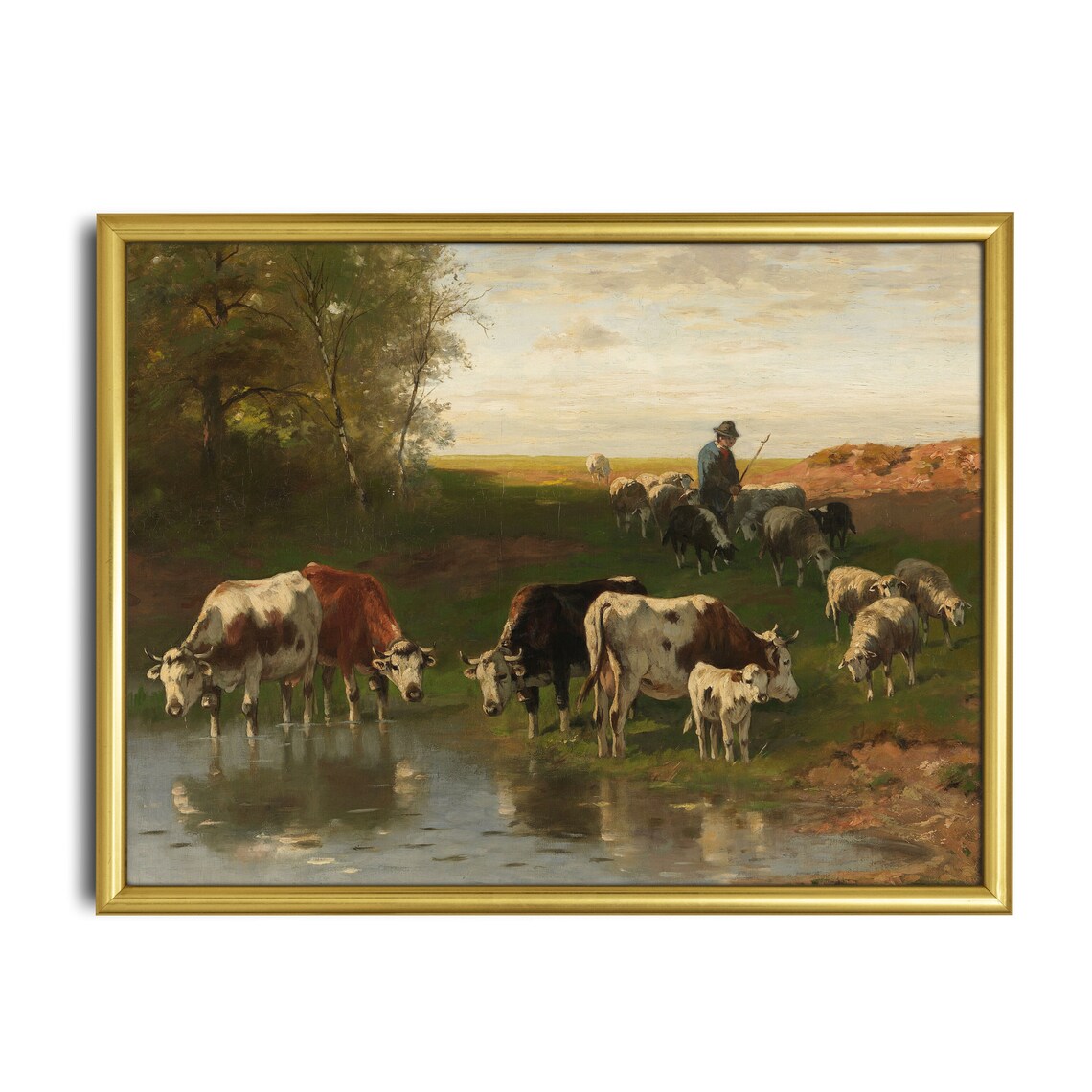 Vintage Cattle With a Shepherd, Oil Painting Art Print - Image 2