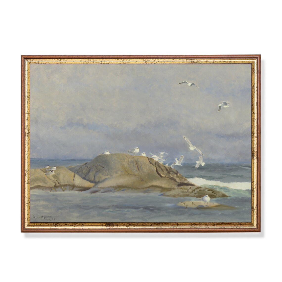 Seagulls Soaring Over a Rocky Island in a Grey Sea Sky Poster