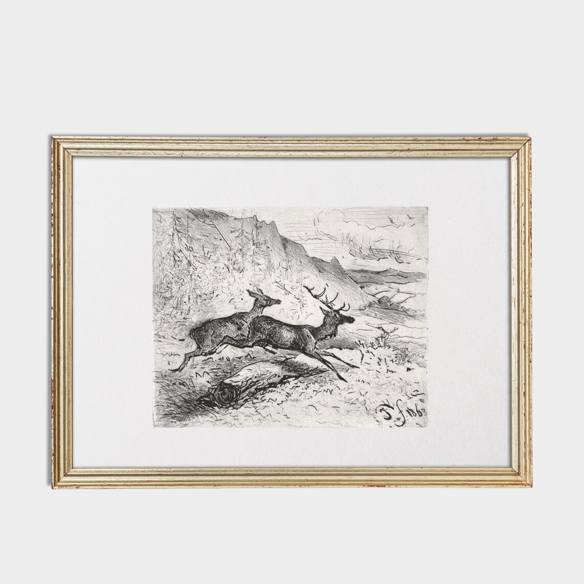Antique Deer Sketch of Two Stags Leaping Over a Fallen Log Poster - Image 3
