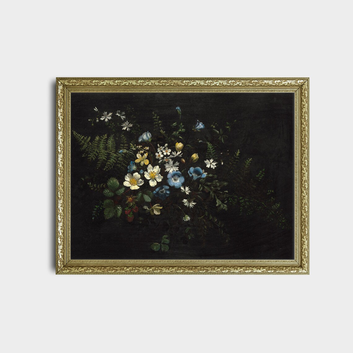 Wildflowers and Ferns on Black Vintage Still Life Painting Poster - Image 2