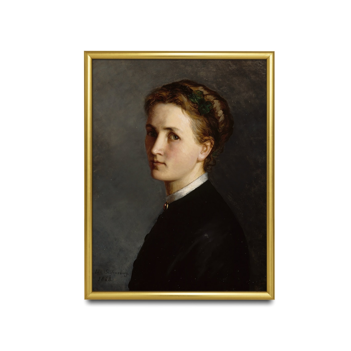 Antique 1868 Moody Woman Portrait Dark Oil Painting Signed Fine Art Poster - Image 5