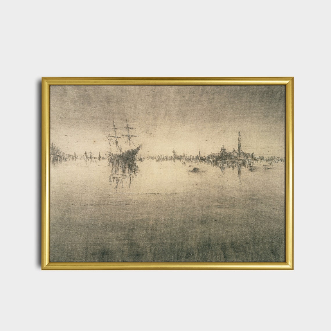 Sepia Misty Harbor with Tall Ship Antique Tonalist Nocturne Print - Image 2