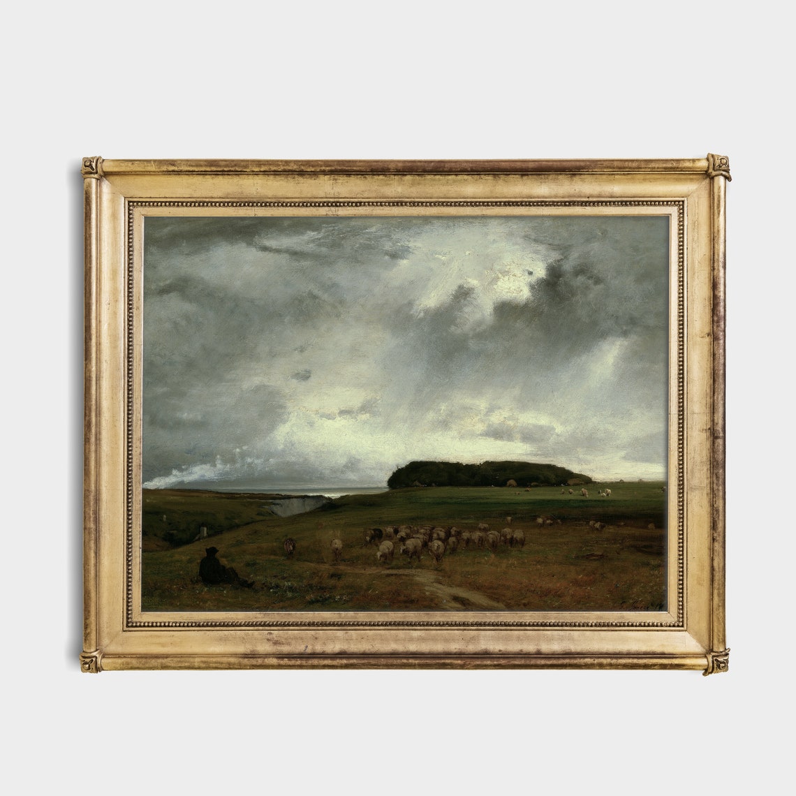 Shepherd Watching Sheep Under Storm Clouds Antique Pastoral Poster - Image 2
