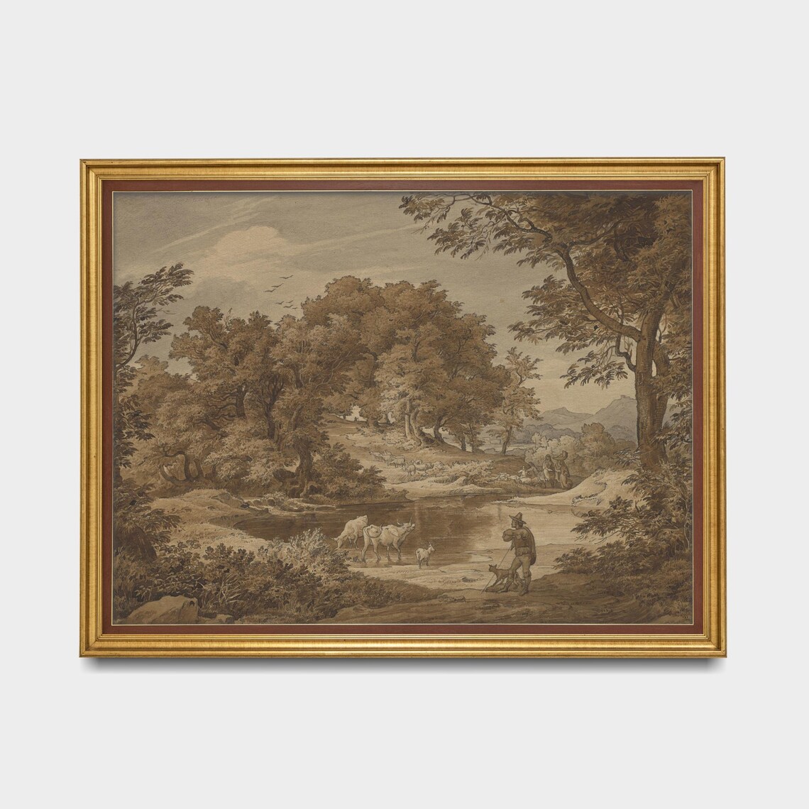 Herdsman with Cattle at a Woodland Pond Vintage Sepia Sketch Poster - Image 5
