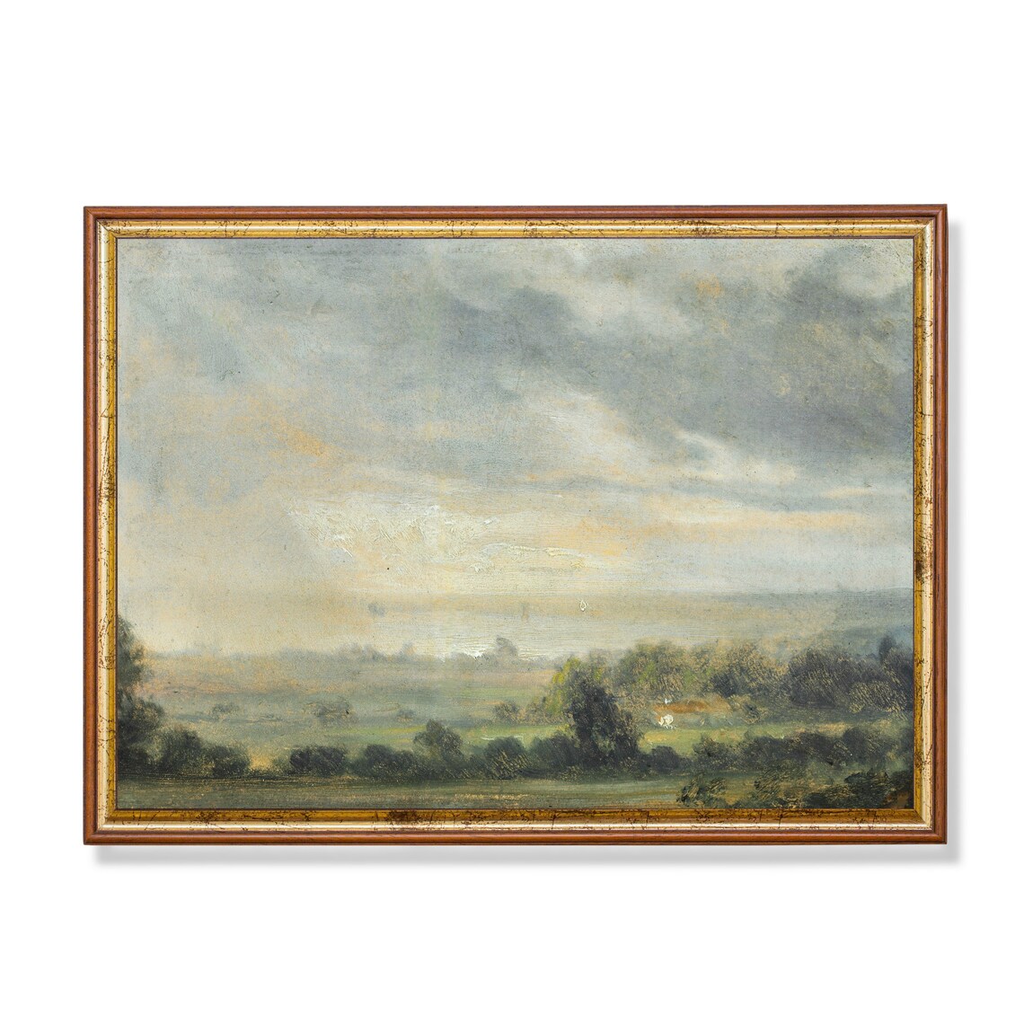 Antique Oil Landscape Painting, Farmhouse Art Print