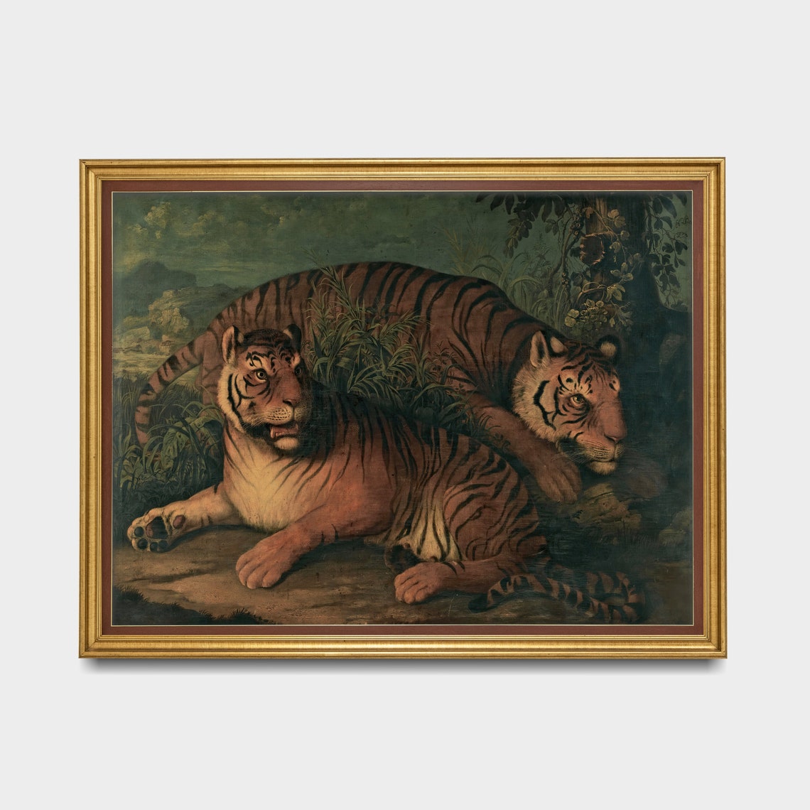 Two Tigers Resting Together in Dark Jungle Undergrowth Poster - Image 3
