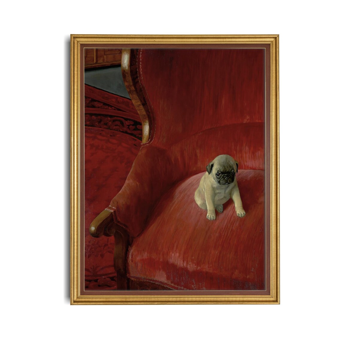Vintage Pug Puppy Portrait Sitting Red Velvet Armchair Dog Art Poster - Image 4