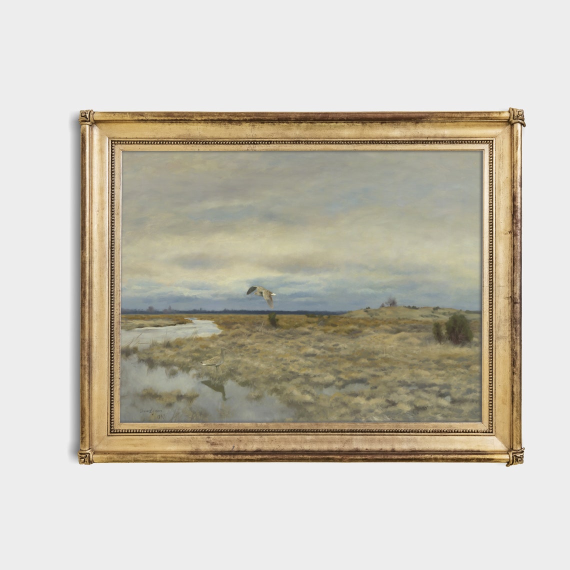 Dusk Wetland Landscape With Flying and Wading Geese Antique Poster - Image 4