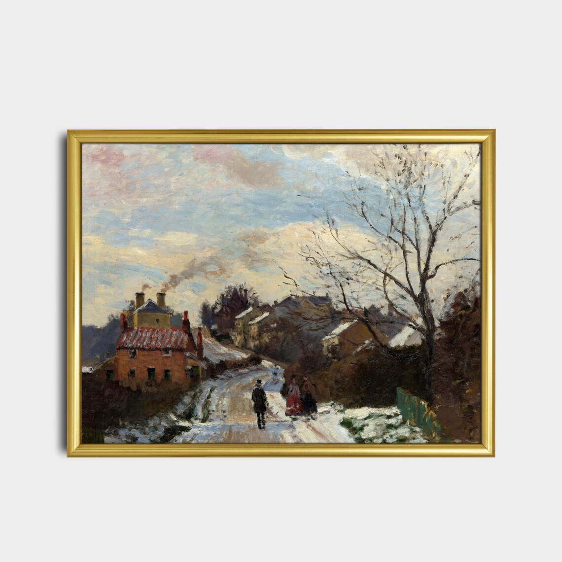 Winter Village Street Figures Impressionist Snow Scene Art Poster - Image 2