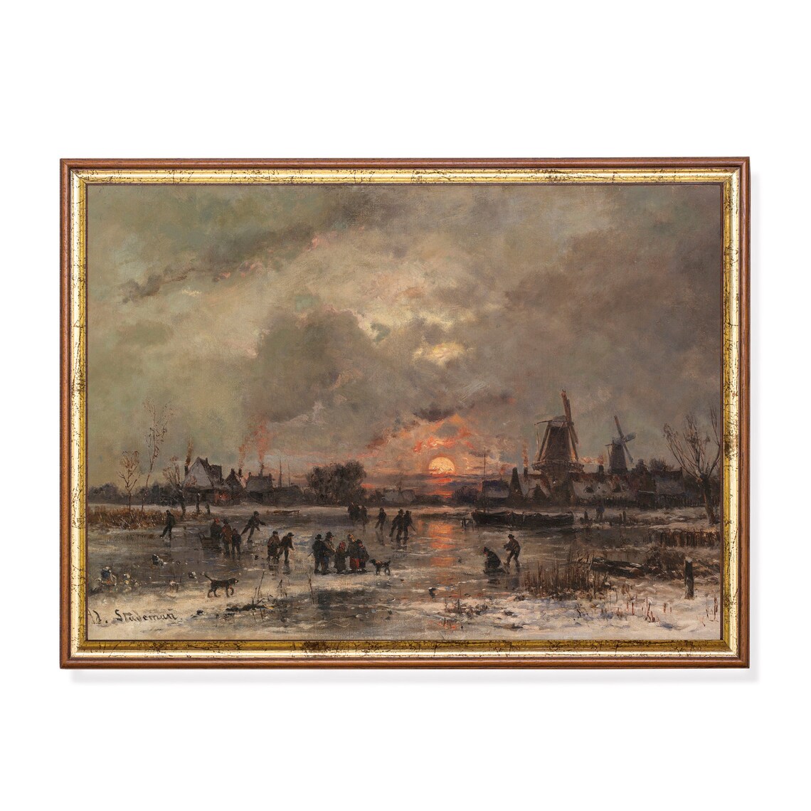 Dutch Skaters on Frozen Canal at Sunset Vintage Winter Poster