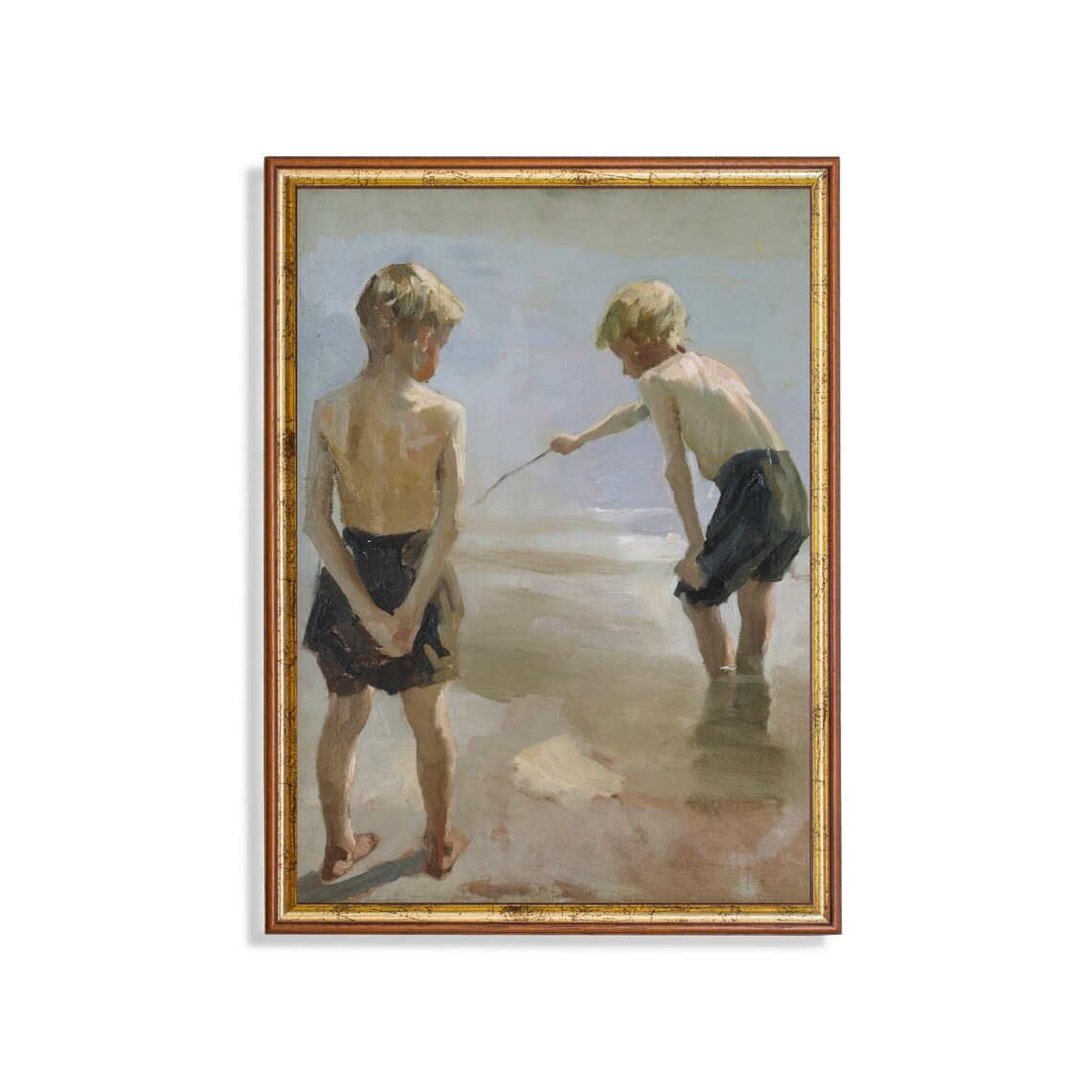 Two Boys on the Beach Vintage Oil Painting Nostalgic Art Poster