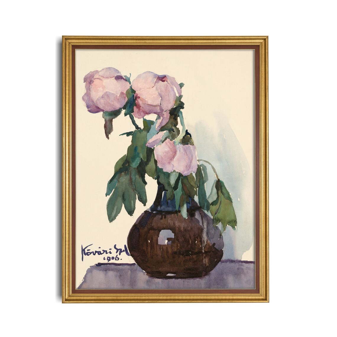 Antique Pink Peonies in a Dark Vase Watercolor Floral Art Poster - Image 2