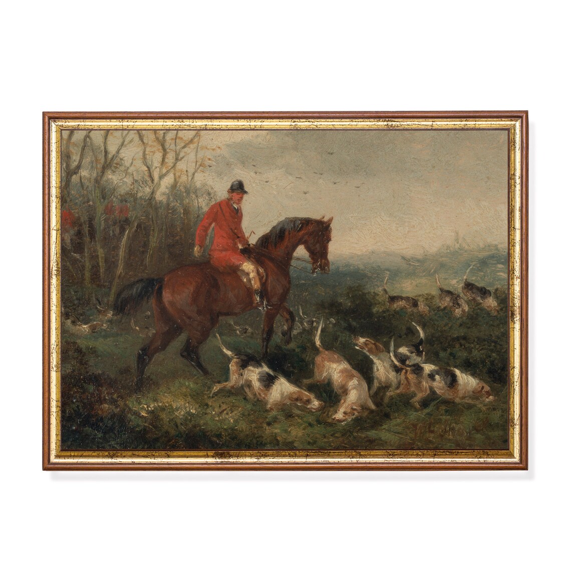 Fox Hunt Rider In Red Coat Vintage Equestrian Oil Painting Poster