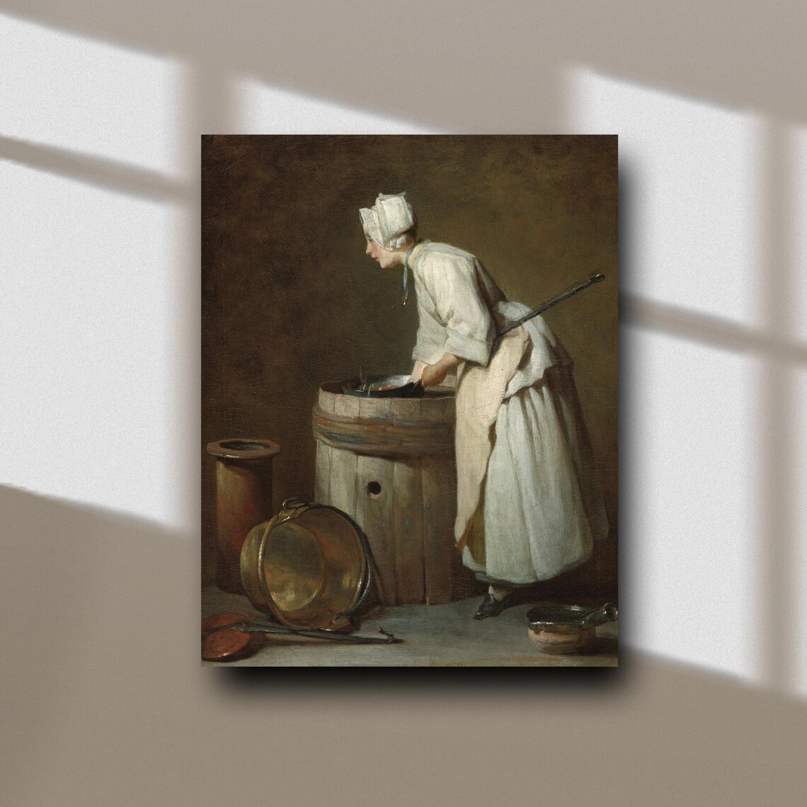French Washerwoman Scrubbing At Wooden Tub Chardin Style Poster - Image 3
