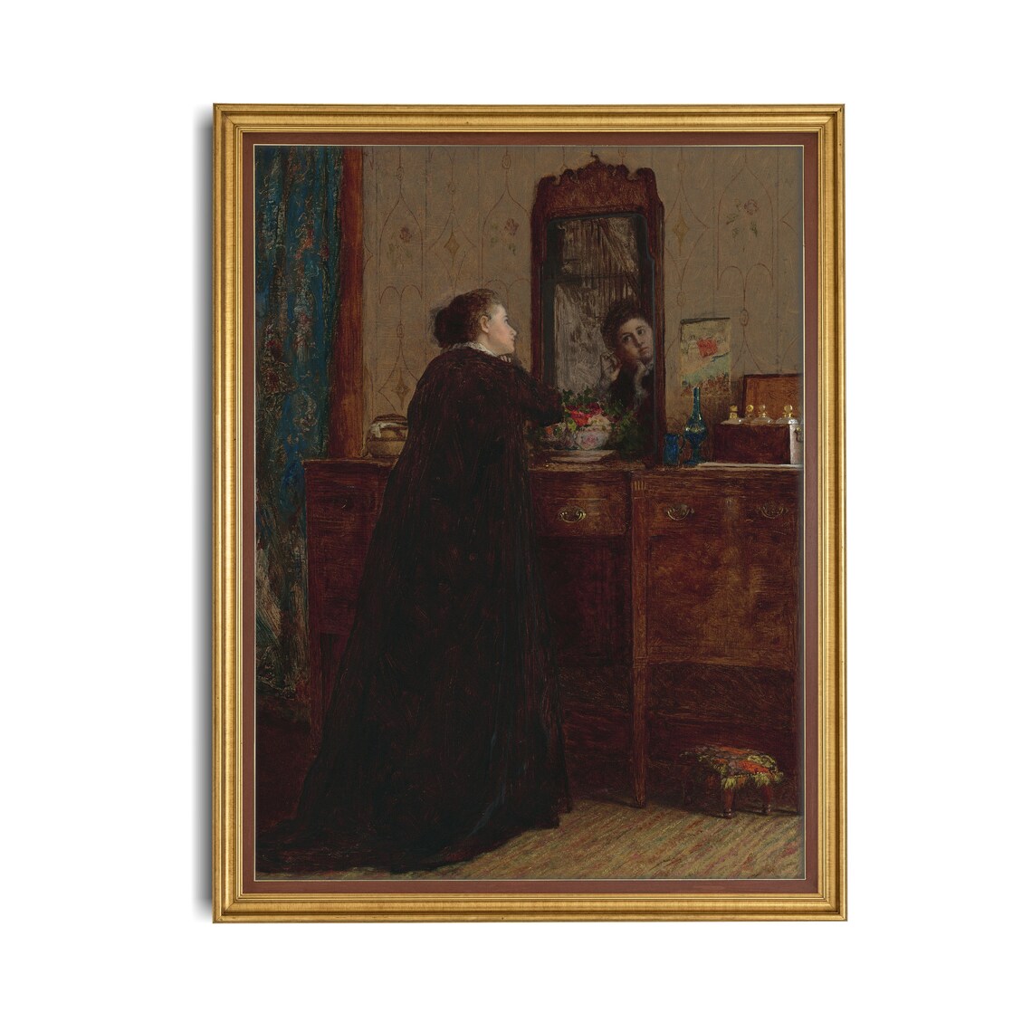 Woman at Her Vanity Mirror in a Long Dark Dress Moody Poster - Image 4