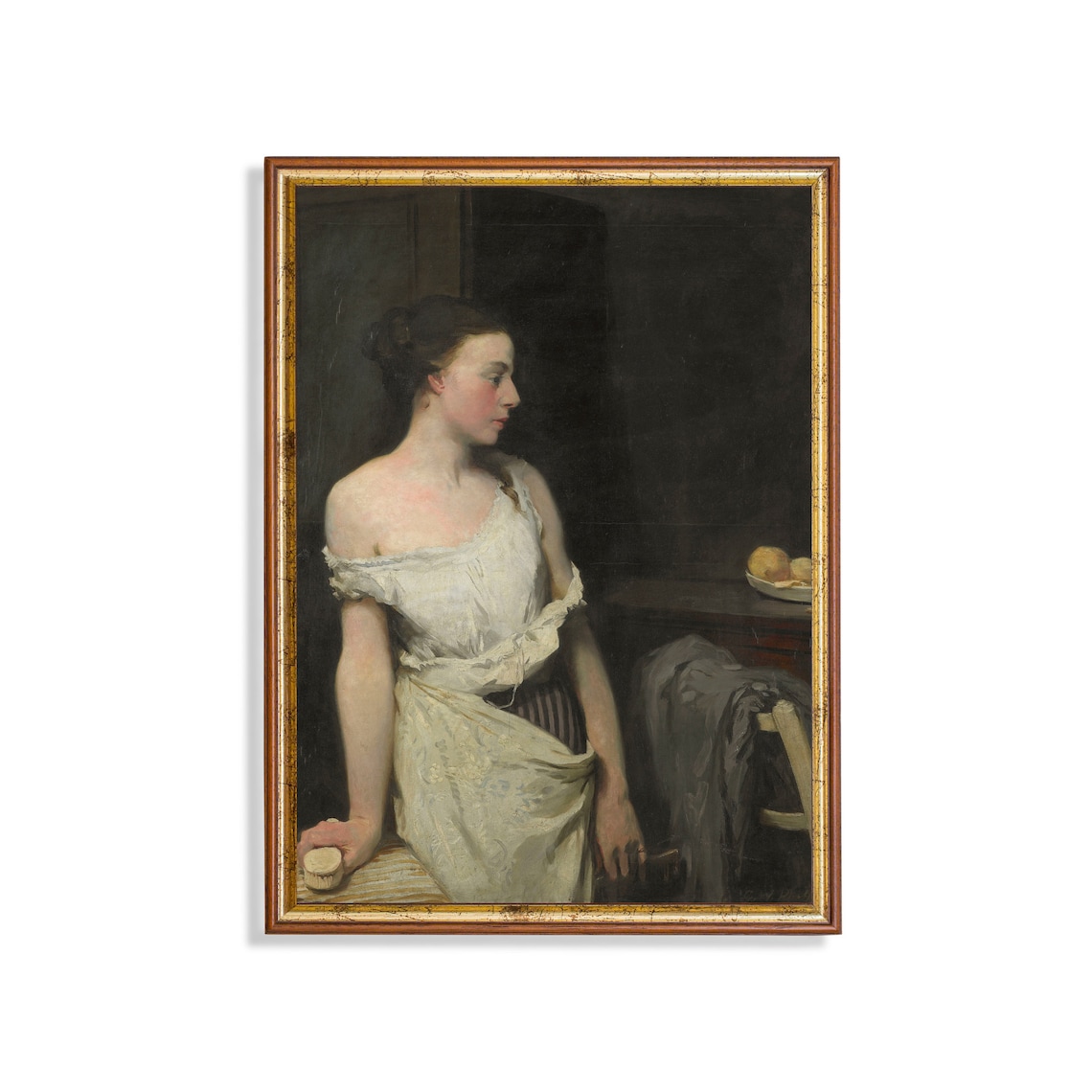 Young Woman in a White Apron Resting in a Studio With Fruit Wall Art