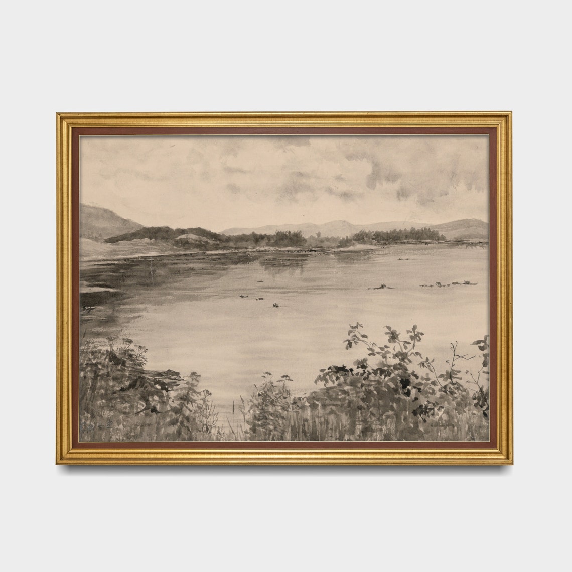 Neutral Gray Lake Landscape with Hills and Reeds Sepia Poster - Image 3