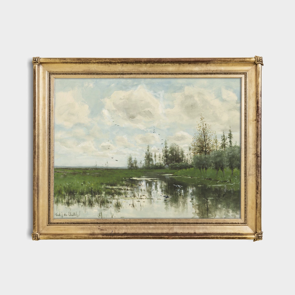 Marsh River Landscape with Birds and Drifting Clouds Vintage Poster - Image 3