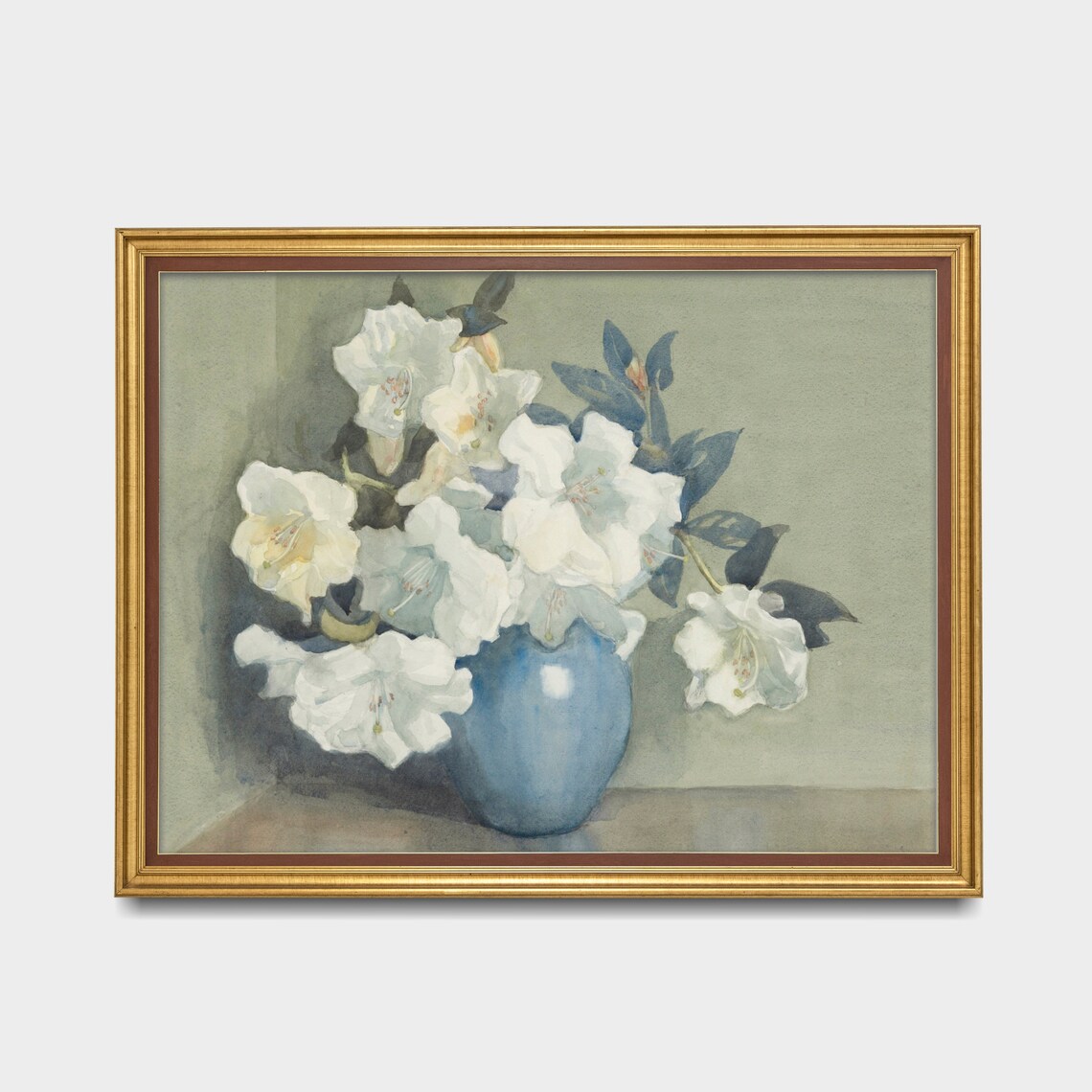 White Azaleas in a Blue Vase Watercolor Floral Painting Poster - Image 3