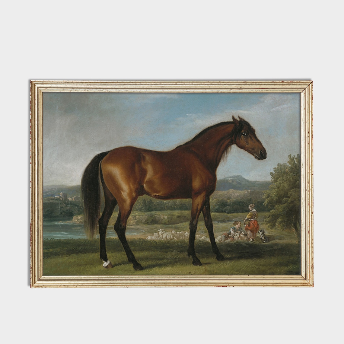 Bay Horse in River Valley Landscape with Sheep and Shepherds Poster - Image 2