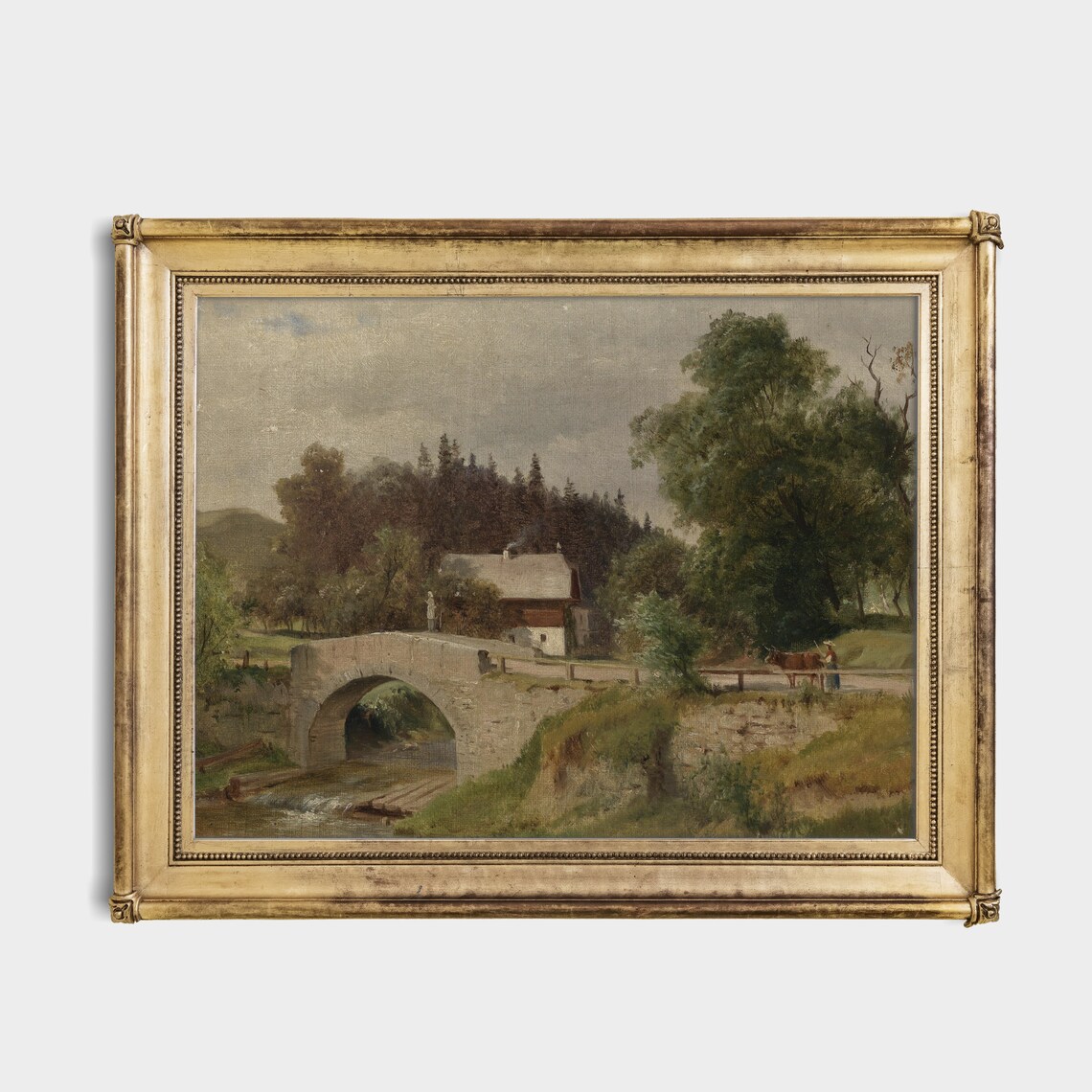Stone Bridge Cottage and Stream with Cow Vintage Country Scene Poster - Image 3