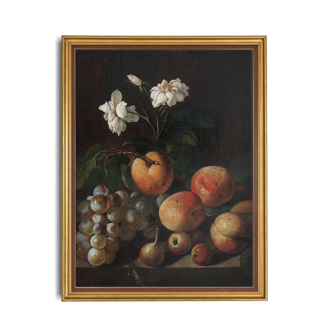 Old Master Still Life of Fruit and White Roses Moody Wall Art - Image 3
