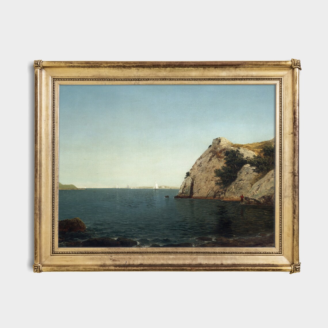 Antique Rocky Coastal Cliffs with Sailboats Vintage Seascape Poster - Image 2