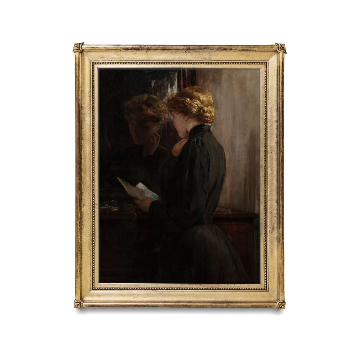 Vintage Woman Reading a Letter Before a Mirror Dark Moody Poster - Image 2