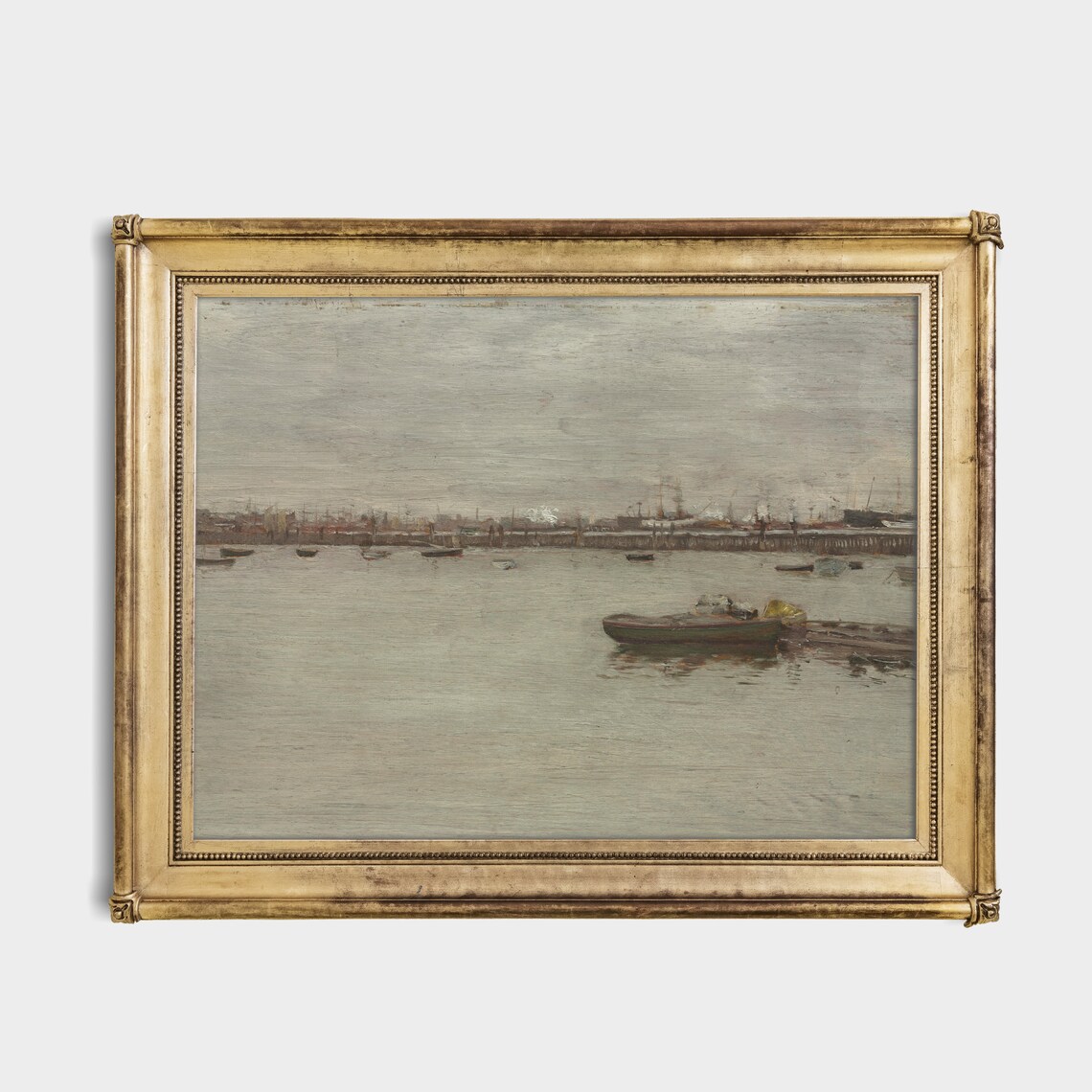 Muted Gray Harbor Painting Rowboat Antique Nautical Wall Art - Image 3