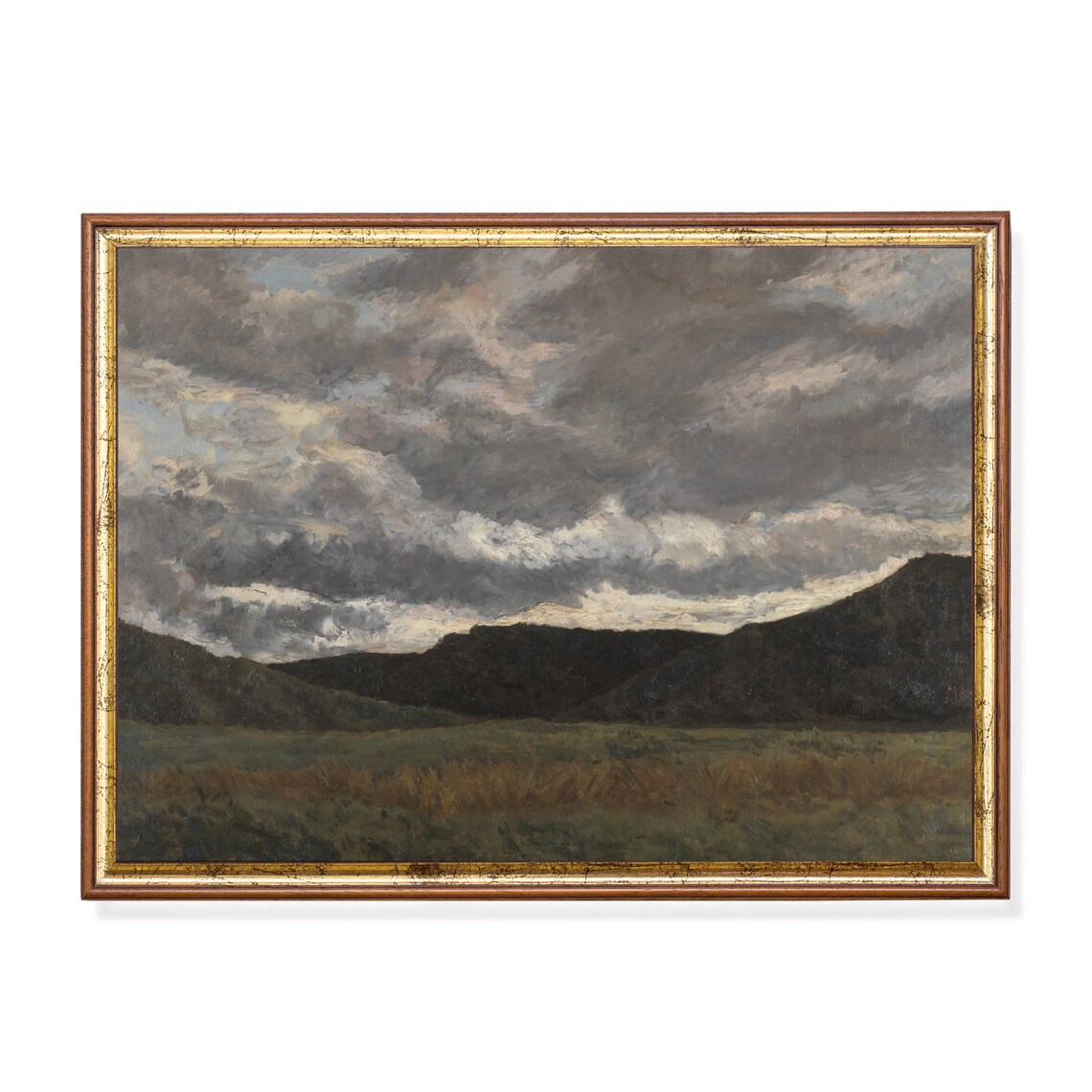 Stormy Mountain Meadow Vintage Landscape Painting Moody Sky Poster