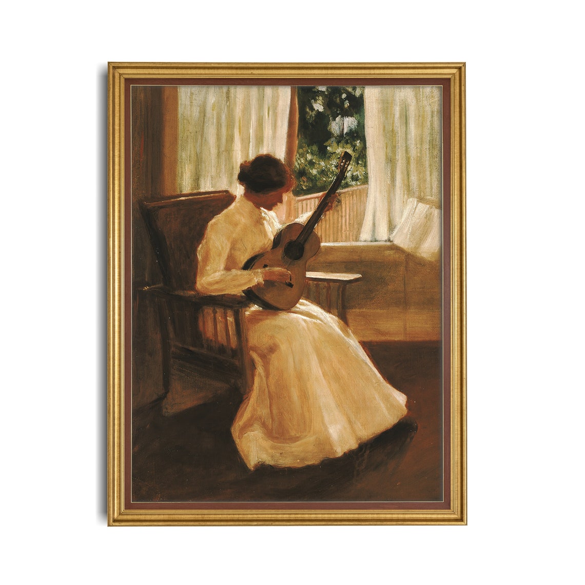 Woman Playing Guitar by a Window Antique Music Room Scene Poster - Image 3