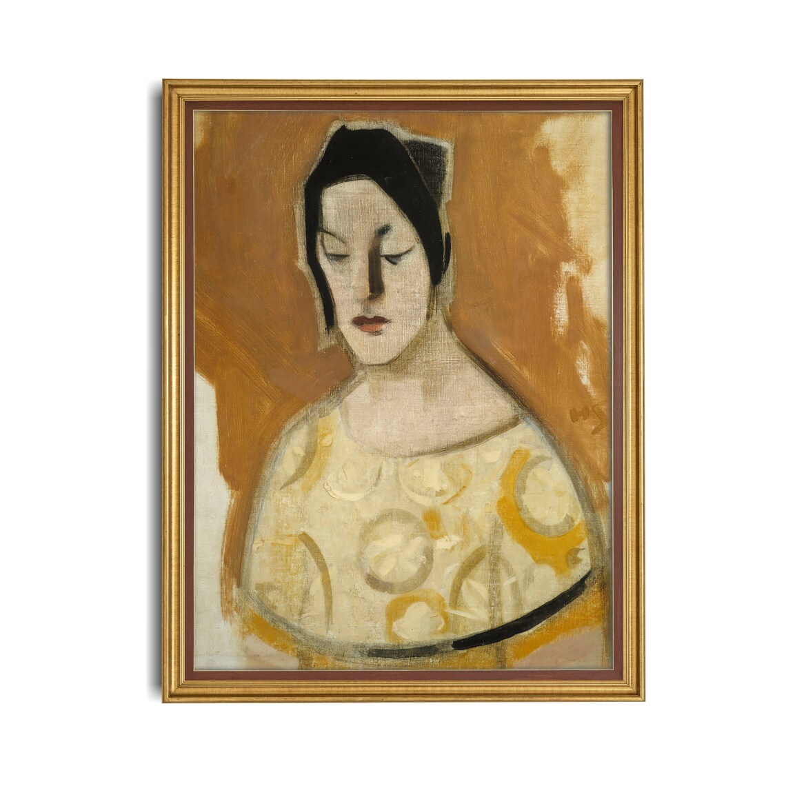 Woman in a Yellow Patterned Dress with Golden Background Modigliani Poster - Image 4
