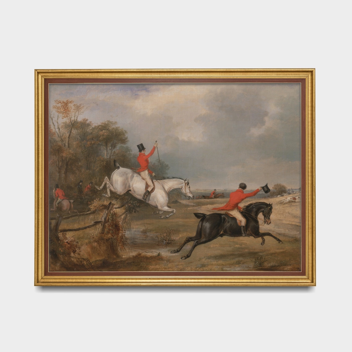 Foxhunting Riders in Red Coats Leaping the Fence Painting Poster - Image 3