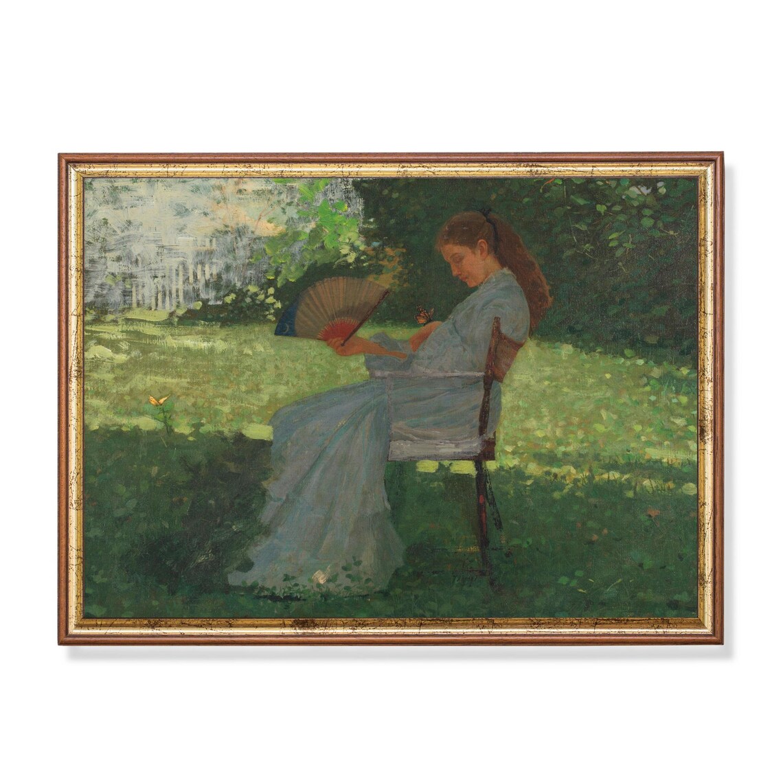 Woman With a Fan Watching a Butterfly in a Sunlit Garden Poster