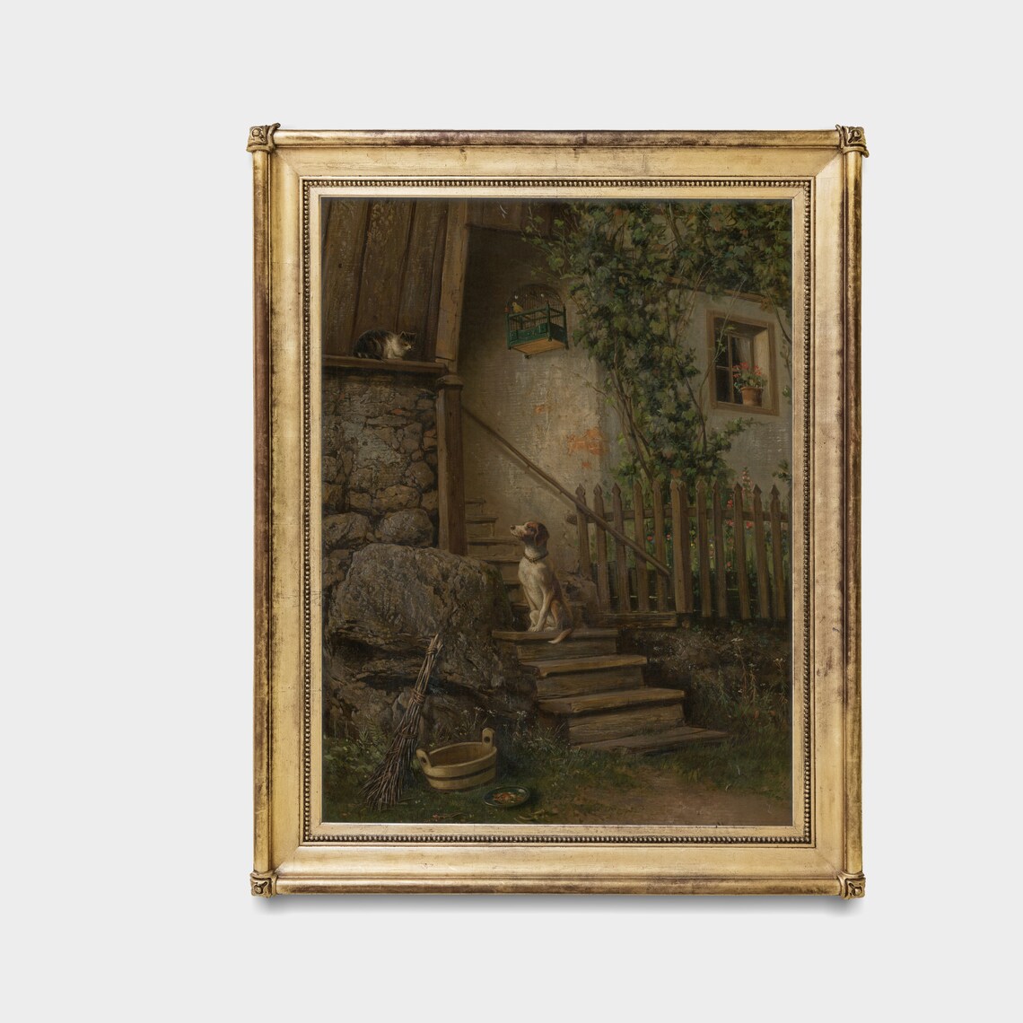 Dog and Cat on Rustic Cottage Steps Vintage Animal Painting Poster - Image 5