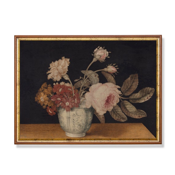 Print And Ship Vintage Still Life Painting Antique Still Life With Flowers Moody Floral Art Farmhouse Decor Mailed Art