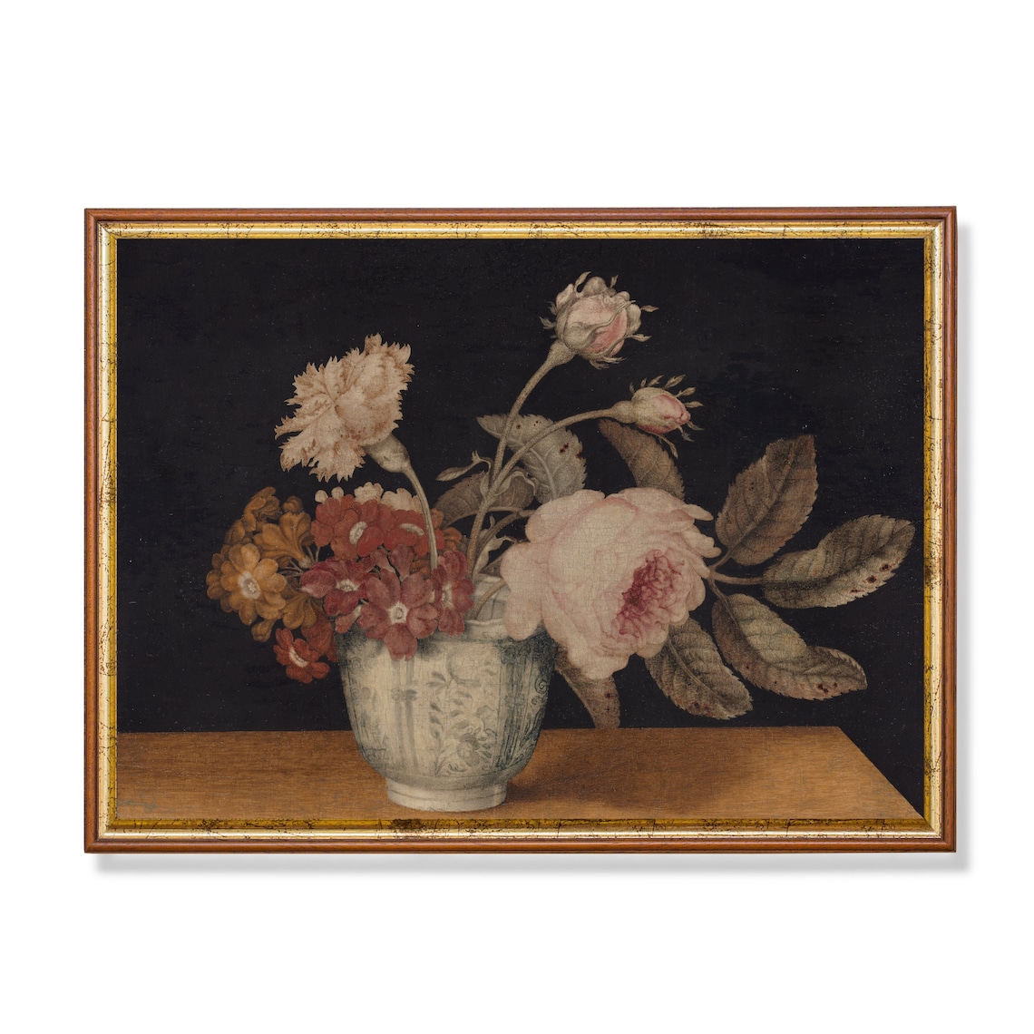 Roses And Carnations In Blue Vase Vintage Floral Still Life Poster