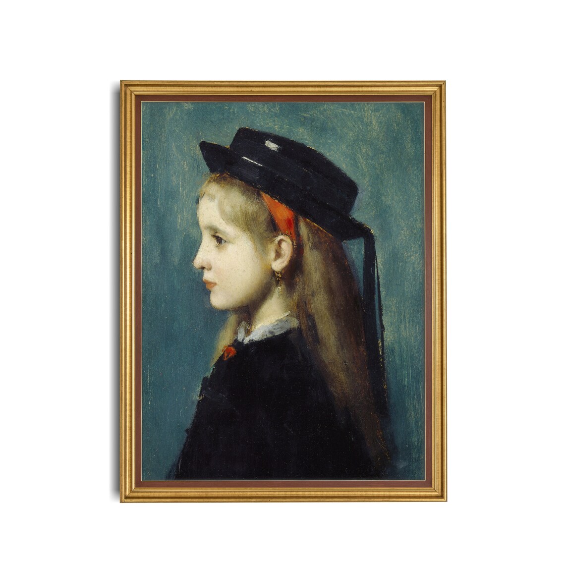 Girl in Profile with a Black Hat and Red Ribbon Vintage Portrait Poster - Image 3