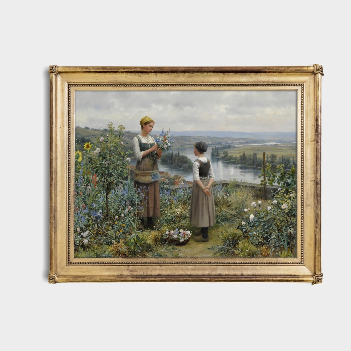 Women Picking Wildflowers Above a Wide River Valley Vintage Poster - Image 4