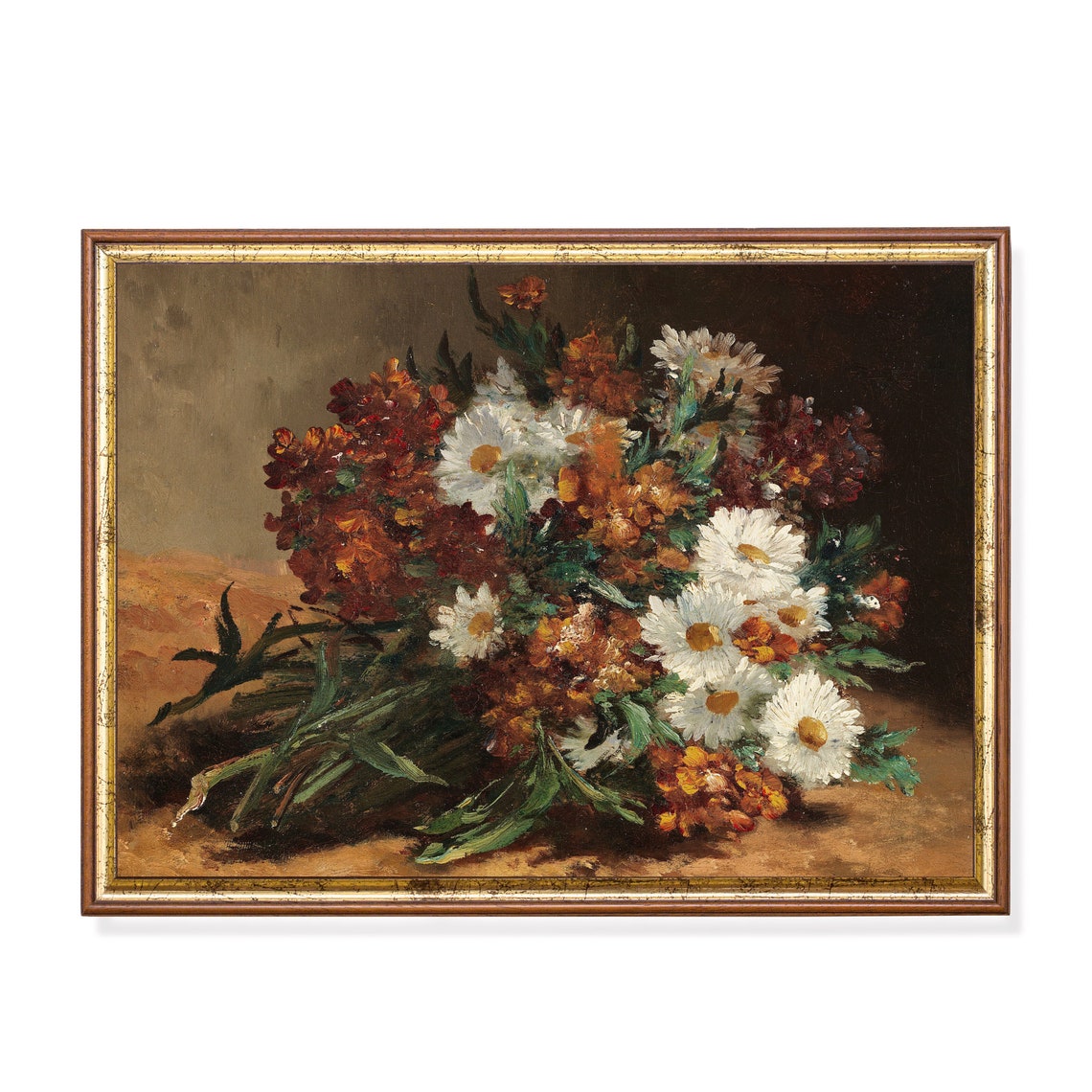 Vintage Still Life With Flowers Antique Floral Painting Fall Home Decor Moody Rustic Print Wall Art