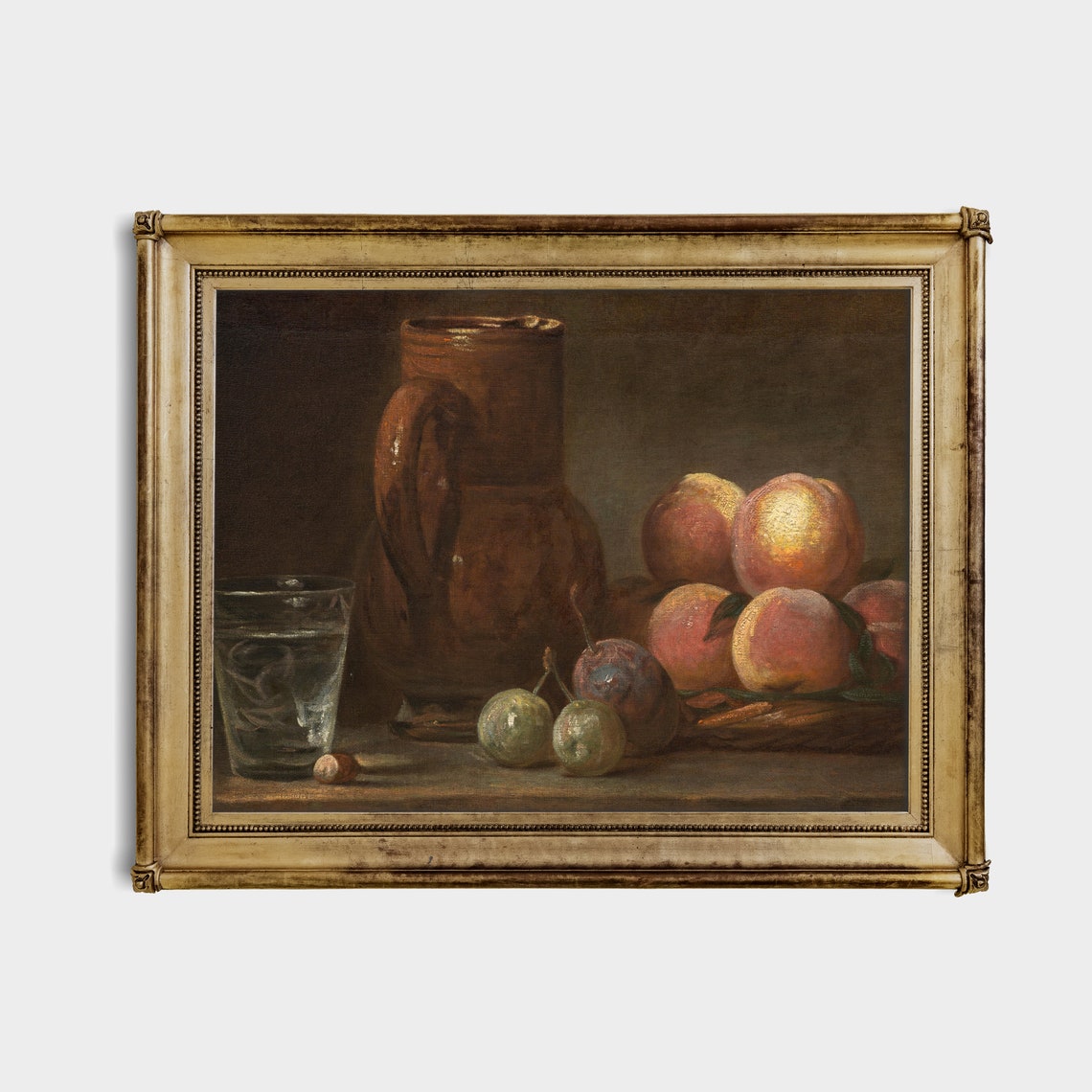 Dark Still Life with Earthenware Jug, Peaches and Plums Poster - Image 3