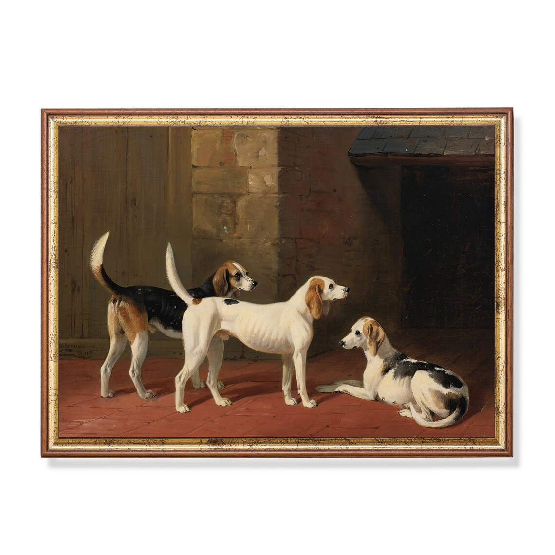 Three Foxhounds In The Kennel Antique Sporting Dog Painting Poster