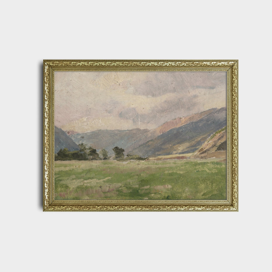 Green Meadow Valley with Distant Mountains Antique Oil Poster - Image 2