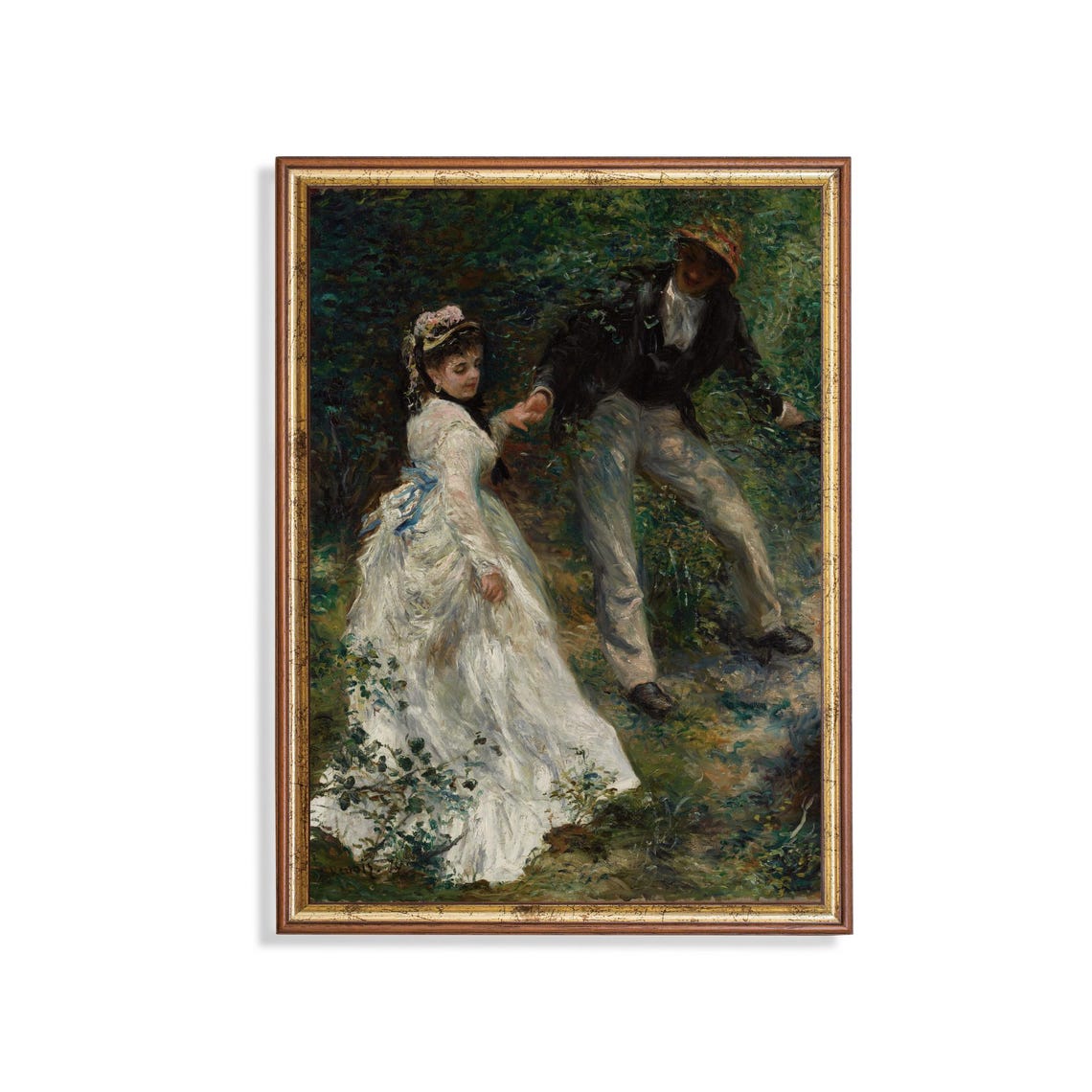 Young Couple Strolling Through a Garden Antique Oil Art Poster