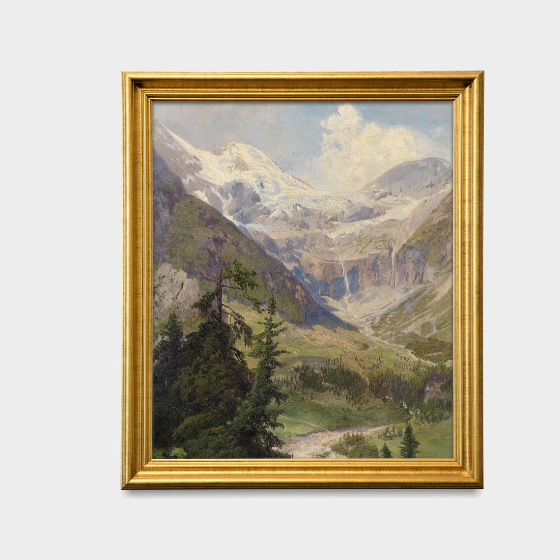 Snow-Capped Alpine Valley with Waterfall Vintage Mountain Poster - Image 2