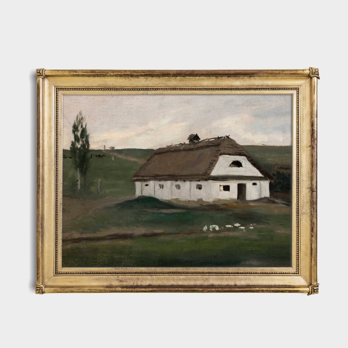 Thatched Roof White Cottage in a Green Country Pasture Poster - Image 4